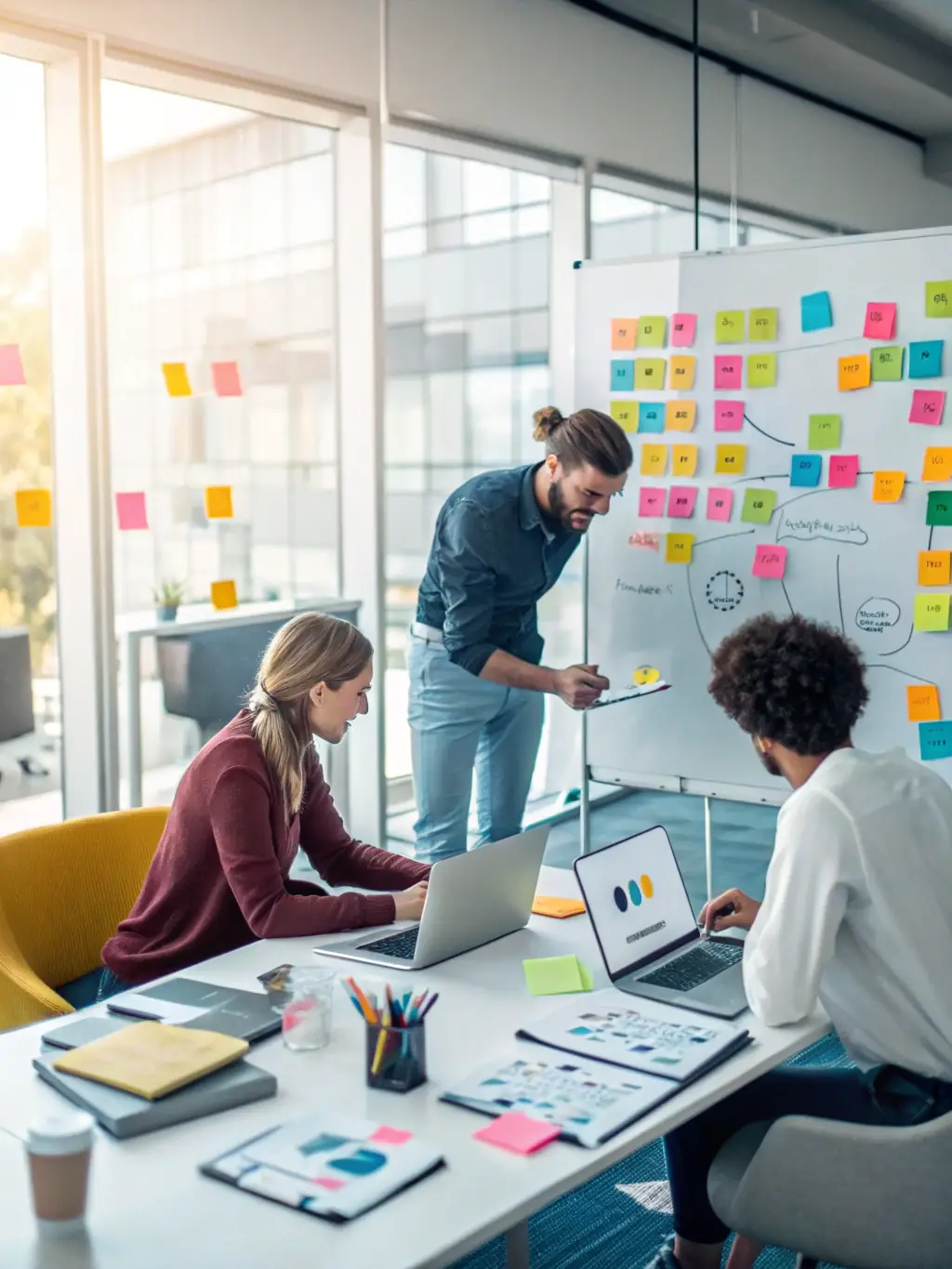 A digital marketing team analyzing campaign data on multiple screens, with automotive advertisements displayed on digital billboards, representing Can Cars LLC's advertising and marketing solutions.