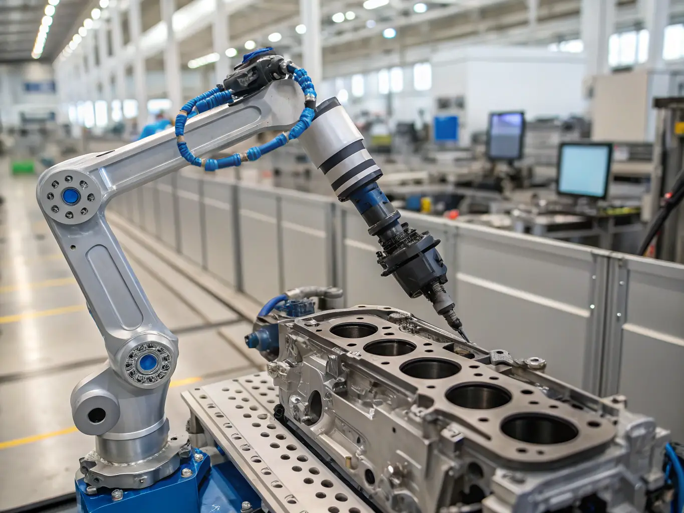 An AI-powered robot arm working on a car assembly line, showcasing the automation of manufacturing processes and increased efficiency.