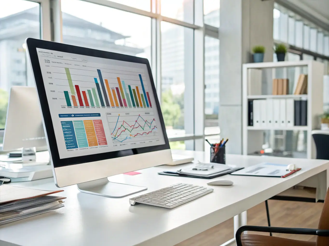 A professional automotive consultant analyzing data on a laptop, with charts and graphs illustrating performance improvements in the background, symbolizing strategic advisory.
