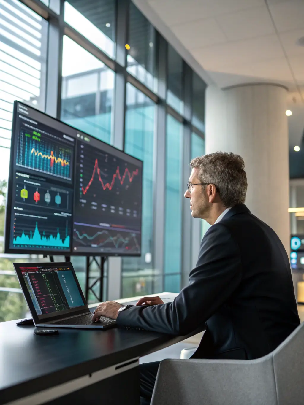 A business strategist working with AI dashboards and automation tools, with a modern office background, illustrating Can Cars LLC's strategic advisory and AI automation services.